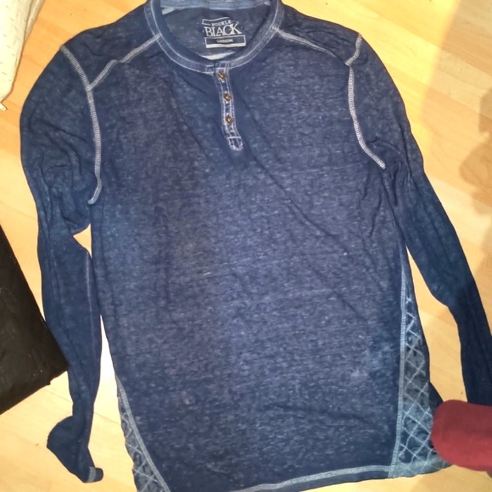 Buckle Black Distressed Blue Long Sleeve Henley Style Shirt